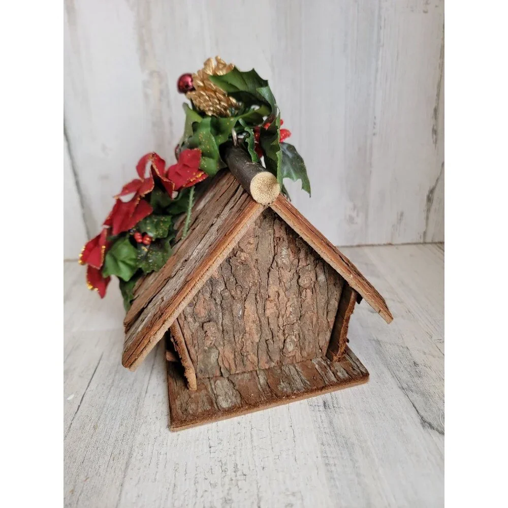 Wooden Birdhouse ponsieta bow holiday xmas decor home‎
